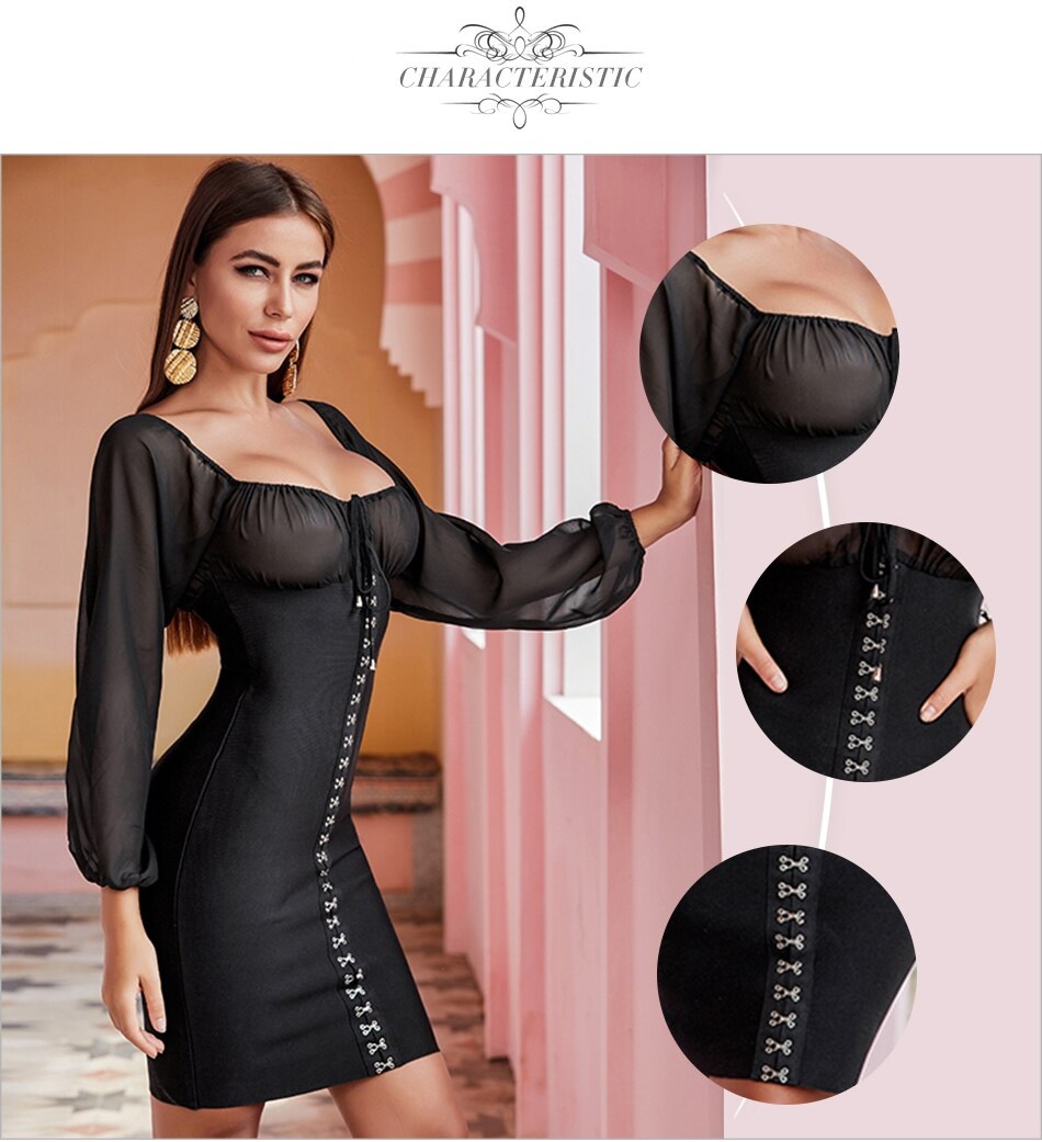 Long Sleeve Sexy Mesh Celebrity Party Bodycon Bandage Dress 5