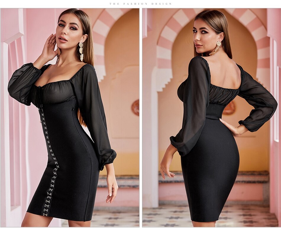 Long Sleeve Sexy Mesh Celebrity Party Bodycon Bandage Dress 7