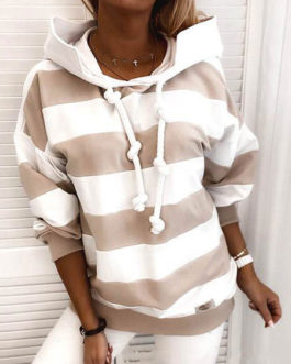 Long Sleeves Stripes Polyester Cotton Hooded Sweatshirt