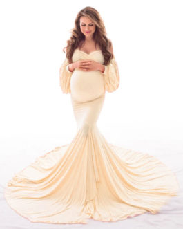 Maternity Long Sleeves Bateau Neck Pleated Split Open Shoulder Floor Length Maxi Dress