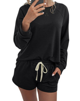 Polyester Jewel Neck Printed Casual Long Sleeves Top With Drawstring Shorts