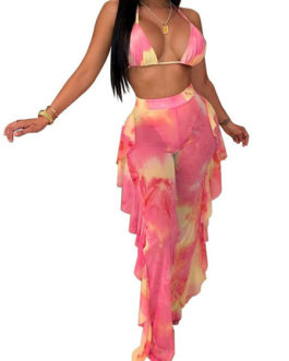 Polyester Off-The-Shoulder Tie Dye Sexy Bras With Ruffled Sheer Pants