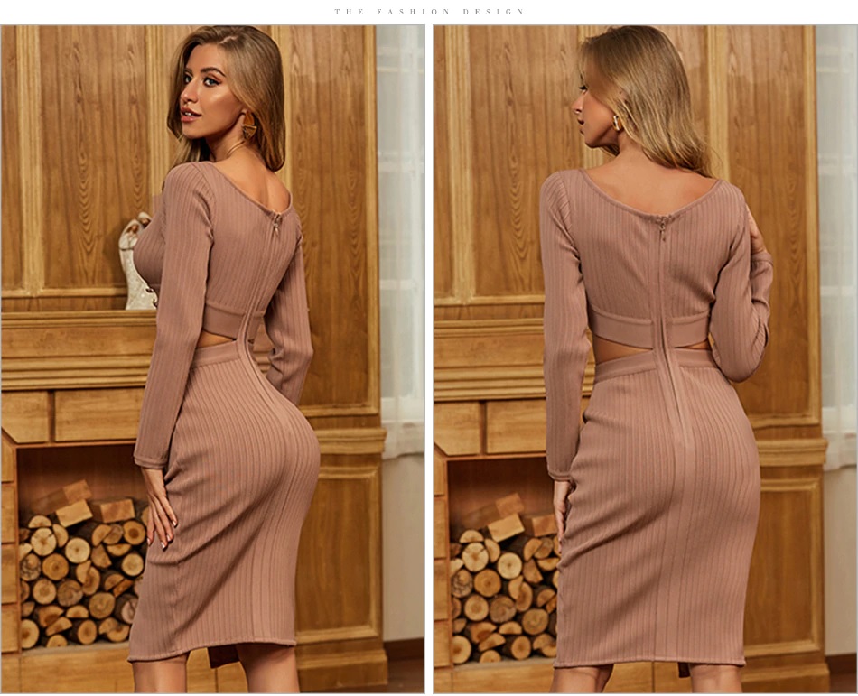 Sexy Hollow Out Long Sleeve Celebrity Party Bodycon Dress 5