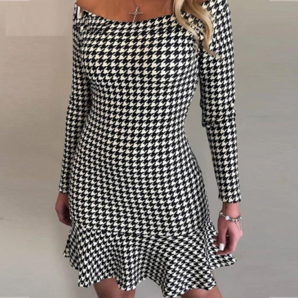 Sexy one line collar Check ruffle dress - Power Day Sale