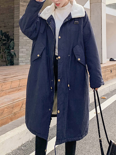 Shearling Turndown Collar Long Sleeves Drawstring Parka Coats