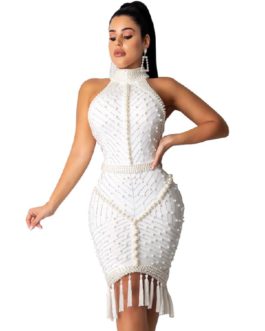 Tassel Sexy Halter Luxury Beading Celebrity Party Bodycon Dress
