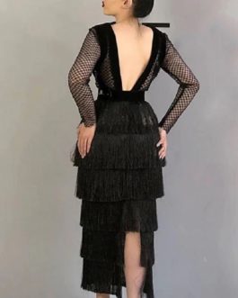 Tassel Sexy Hollow Out Long Sleeve Celebrity Party Bandage Dress