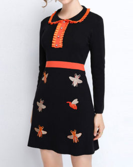 Turndown Collar Long Sleeve Buttons Printed Casual Sweater Dress