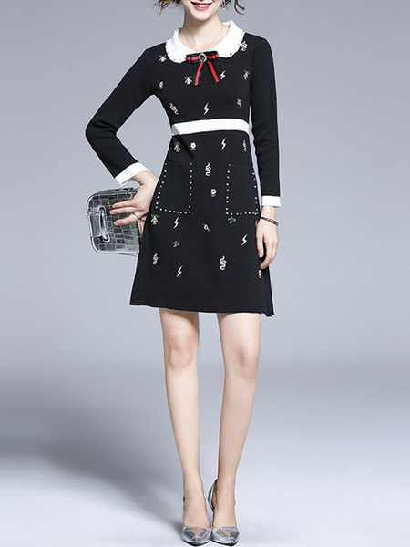 Turndown Collar Long Sleeves Bows Printed Short Dress