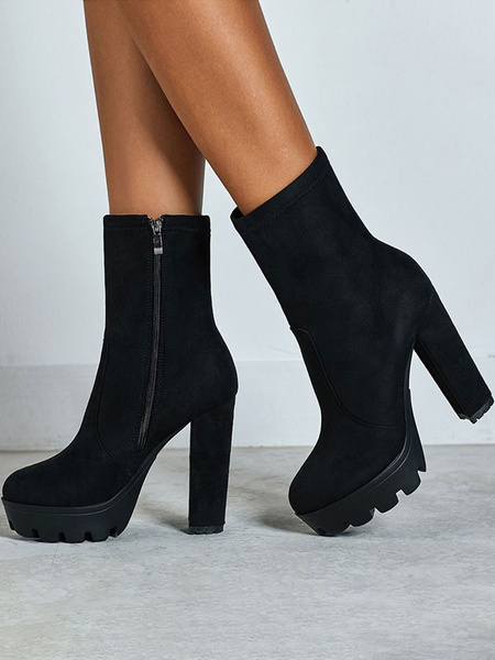 Ankle Micro Suede Round Toe Chunky Heel High Heel Booties - Power Day Sale