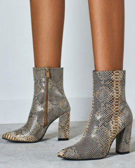 Ankle Pointed Toe Snake Print Chunky Heel PU Leather Booties