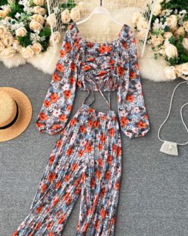 Boho Floral Puff Sleeve Drawstring Ruched Pleated Wide Leg Long Pants Two Pieces Set