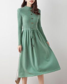 Casual Turtleneck Drawstring Waist A-line Sweater Dresses