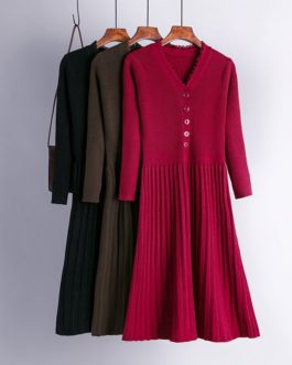 Casual V Neck Long Sleeve A-line Jumper Sweater Dresses