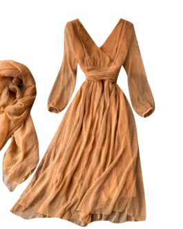 Elegant Retro Puff Sleeve V Neck Silk Scarf Solid Dresses