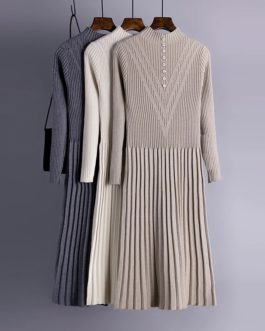 Long Sleeve Pleated Warm Street Wear Jumper Sweater Dress