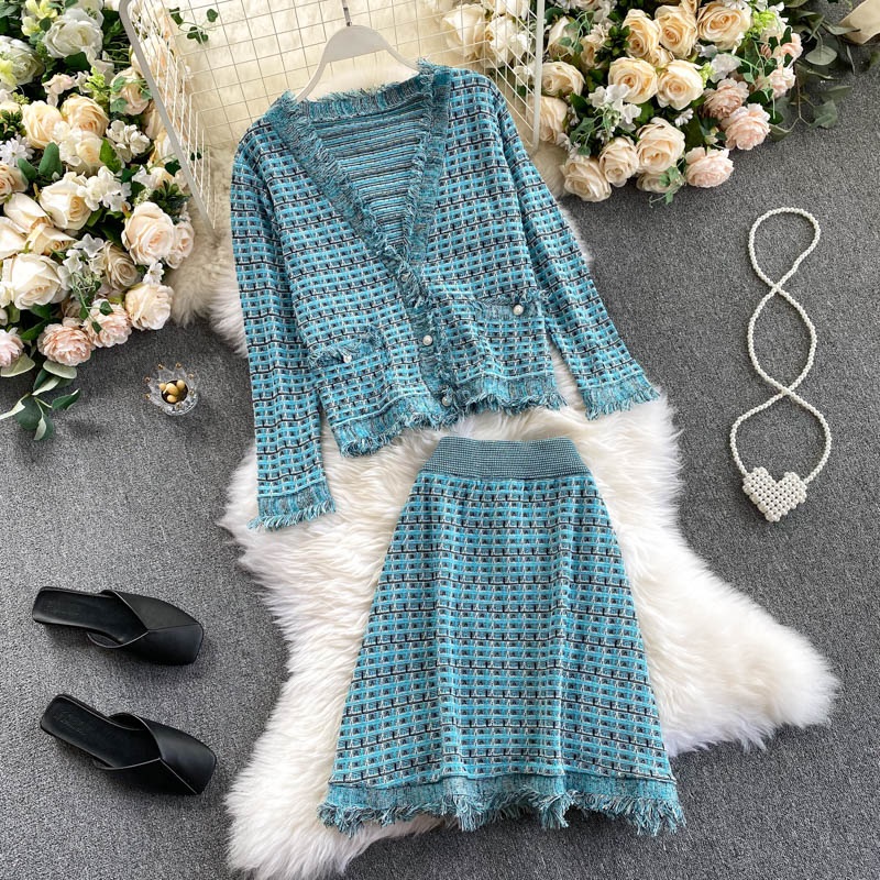 Plaid Knitted V Neck Long Sleeve Cardigan And High Waist Skirt Two ...