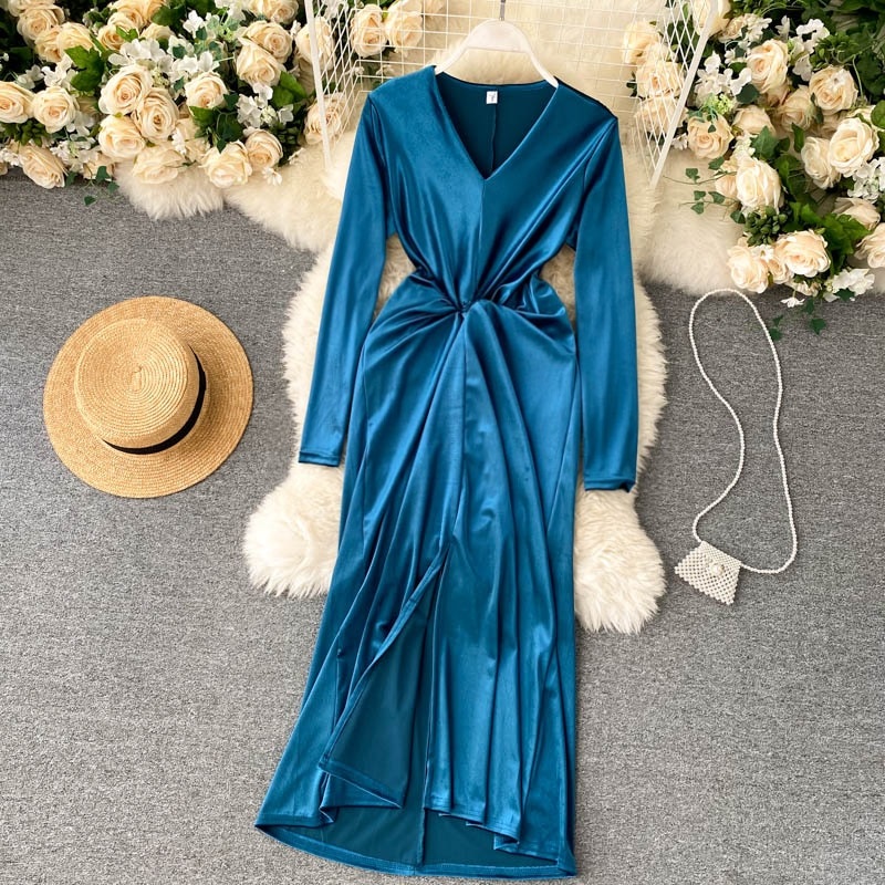Retro V Neck Long Sleeve Asymmetry Fashion Split Midi Long Dresses