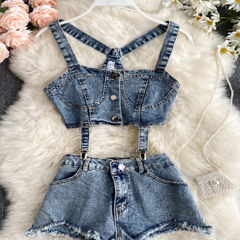 Strapless Tank Tops Denim Ripped Shorts Two Piece Set - Power Day Sale