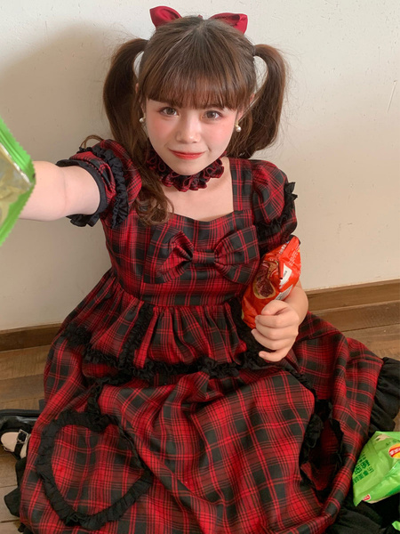 Sweet Lolita Op Idol Stage Plaid Short Sleeves One Piece Dresses Power Day Sale