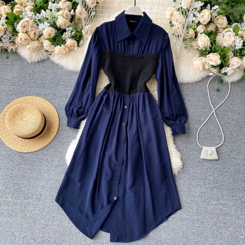 Turn-down Collar Long Sleeve Fashion A-line Dresses - Power Day Sale