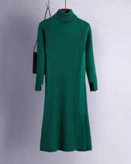 Turtle Neck Knitted Slim Long Sleeve Split Sweater Dresses