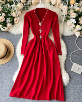 V Neck Pearl Button Long Sleeve A-line Dress