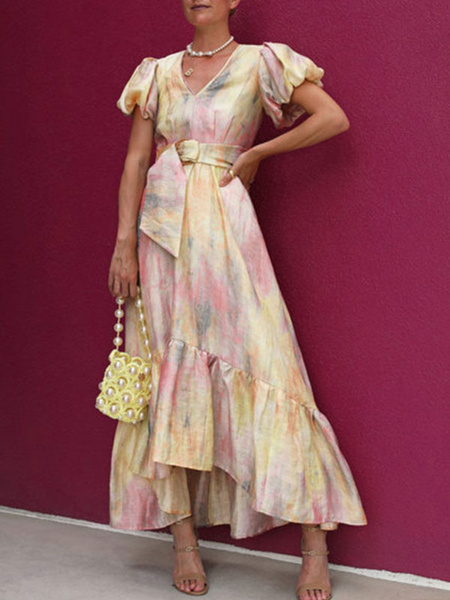 V-Neck Short Sleeves Printed Lace Up Irregular Long Dress