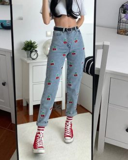 Vintage Embroidery Cherry Cute Skinny Casual Denim Jeans