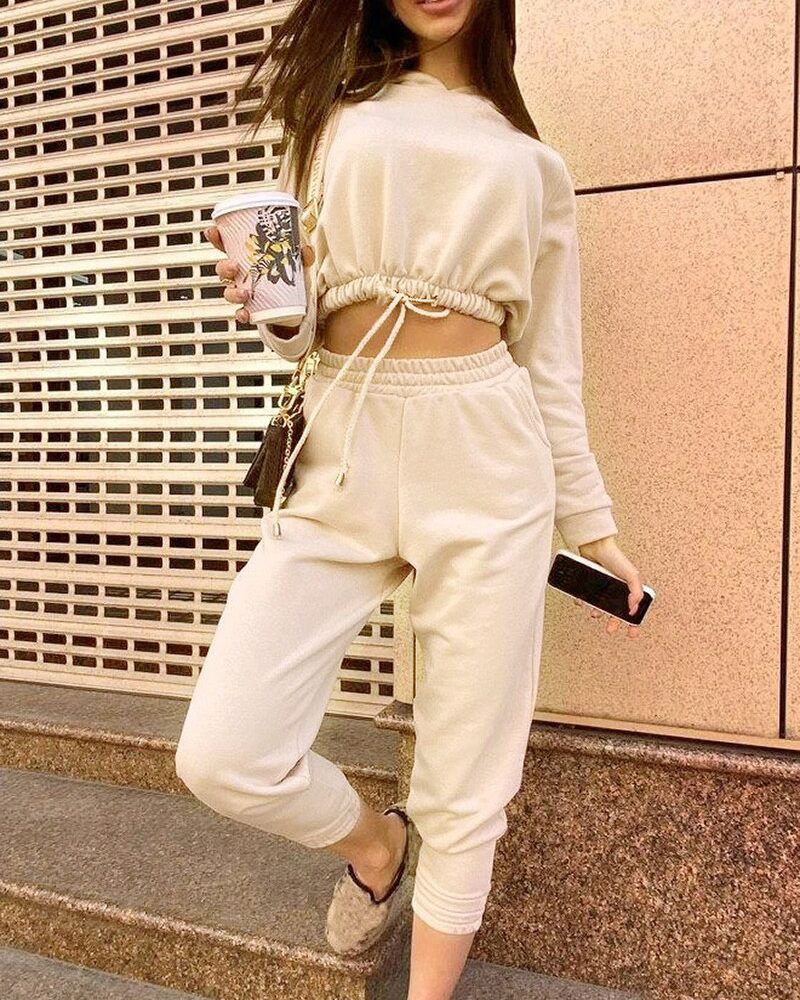 Batwing Sleeve Hooded Cropped Tops Calf Length Sport Casual Pants