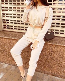 Batwing Sleeve Hooded Cropped Tops Calf Length Sport Casual Pants
