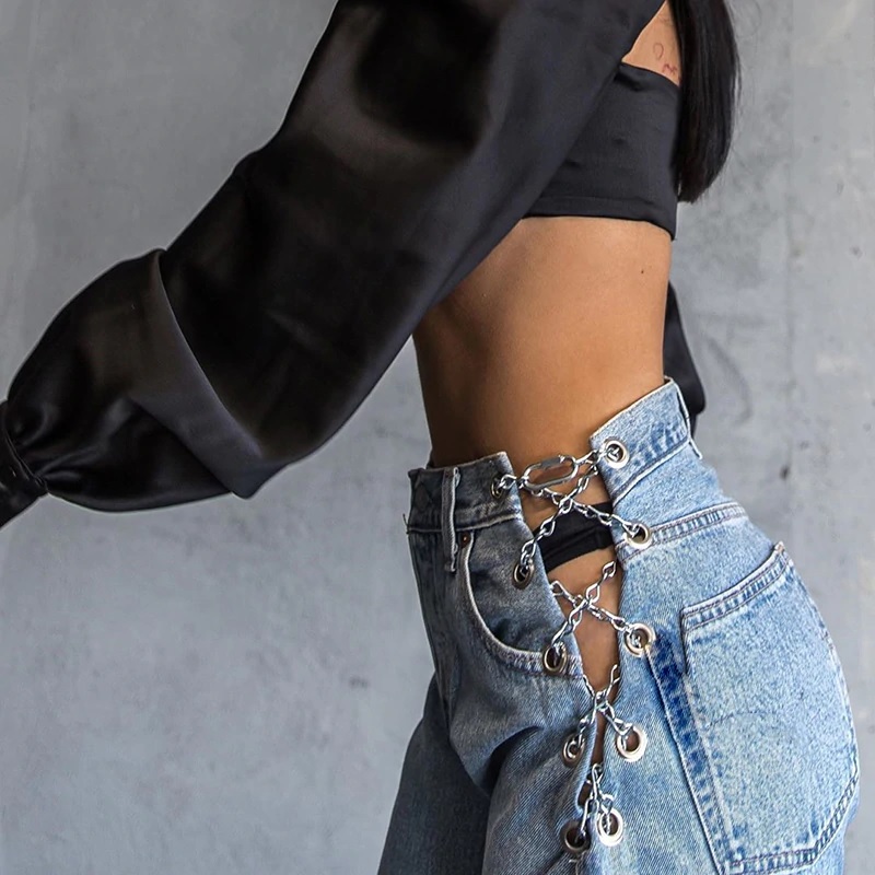 Chain Cut Out Sexy Cargo Pants Hollow Out Denim Jeans - Power Day Sale
