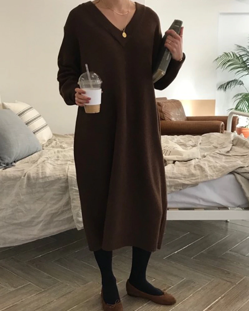Chic V Neck Knitted Sweater Dress