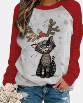 Cute Christmas Cartoon Print Raglan Sleeves O-neck T-shirt