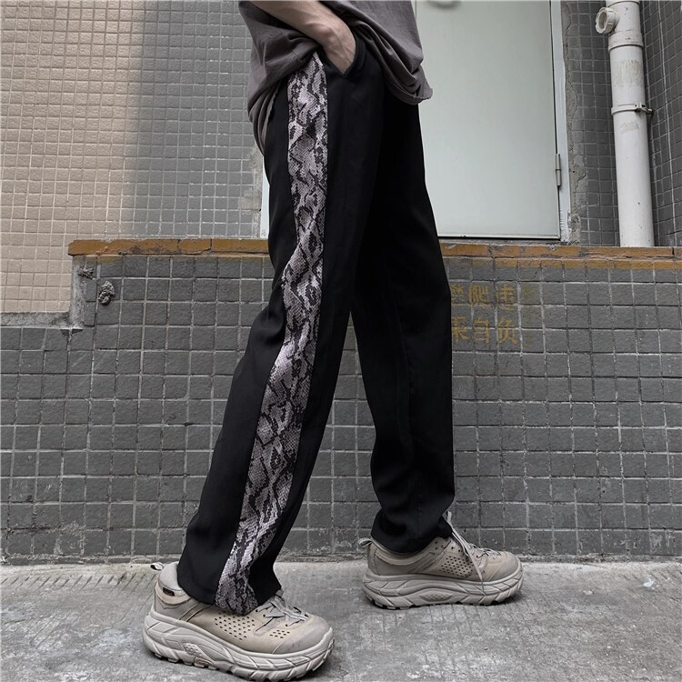 Hip-hop snake pattern stitching straight casual trousers - Power Day Sale