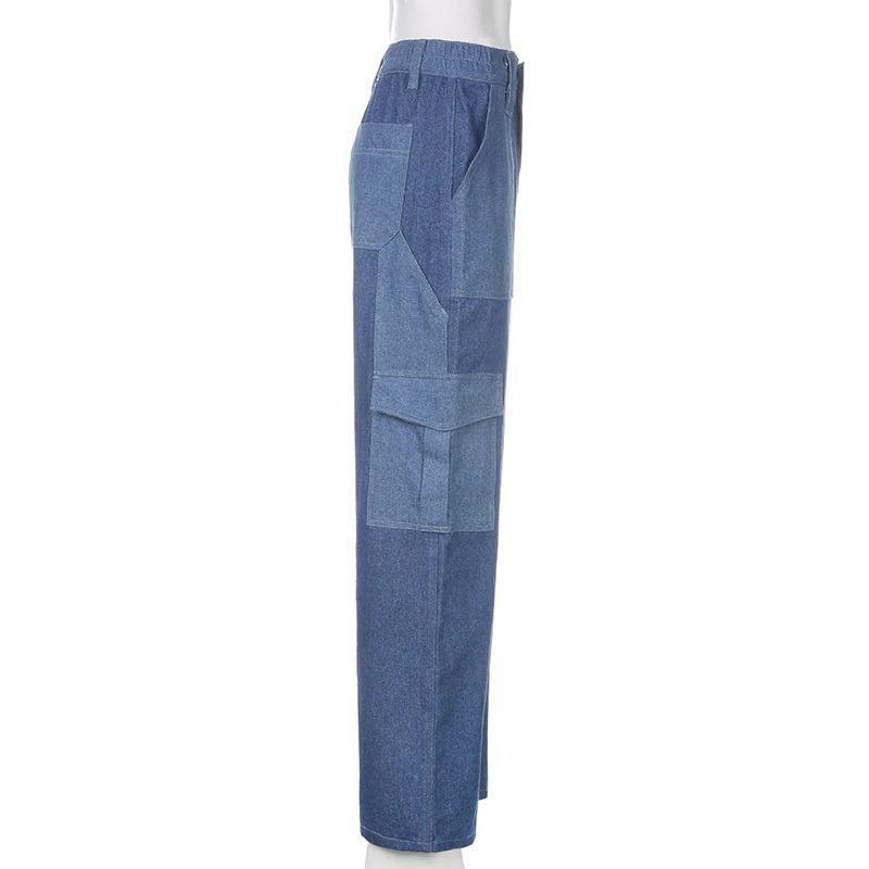 Patchwork Denim High Waist Cargo Long Baggy Jeans Vintage - Power Day Sale