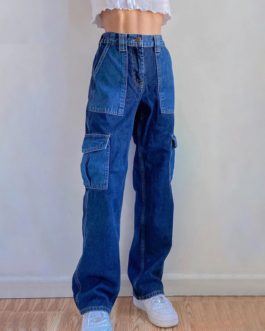 Patchwork Denim High Waist Cargo Long Baggy Jeans Vintage