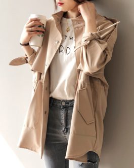 Solid Casual Trench Bow Tie Batwing Sleeve Pockets Coat