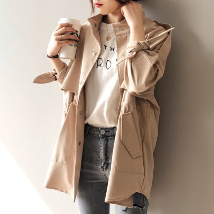Solid Casual Trench Bow Tie Batwing Sleeve Pockets Coat - Power Day Sale