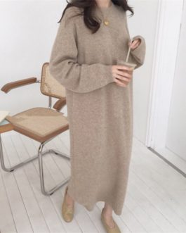 Solid O Neck Knitted Sweater Dress