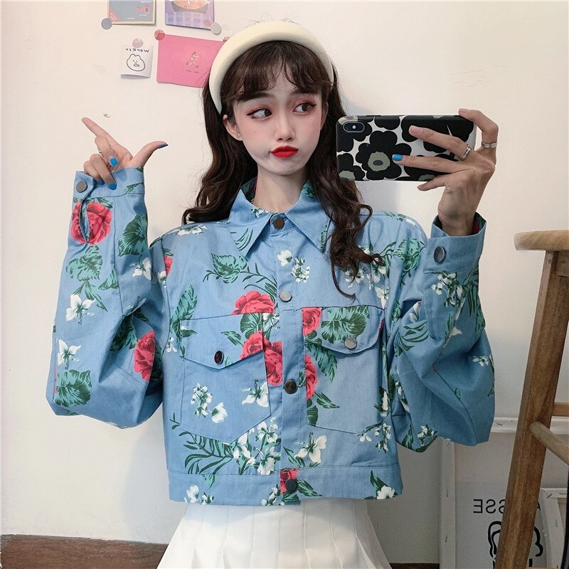 Style Korean retro rose print denim jacket - Power Day Sale
