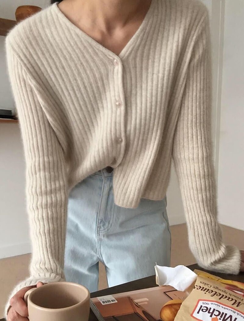 V Neck Knitted Tops Long Sleeve Casual Cardigans - Power Day Sale