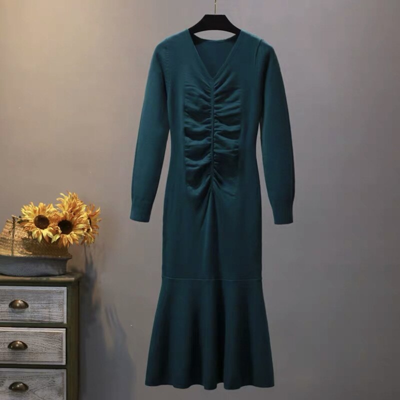 V Neck Long Sleeve Jumper Elegant Ruffles Sweater Dress