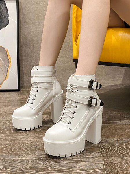 Ankle PU Leather Buckle Pointed Toe Chunky Heel Short Boot