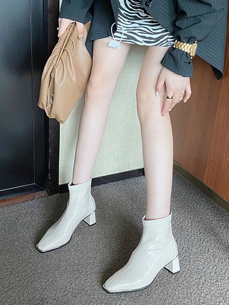 Ankle Round Toe Patent Leather Upper Boots