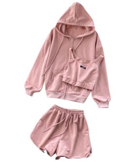 Casual Hooded Cardigan Outwear And Short Vest And High Waist Wide Leg Short Pants Set