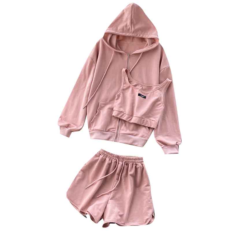 Casual Hooded Cardigan Outwear And Short Vest And High Waist Wide Leg Short Pants Set