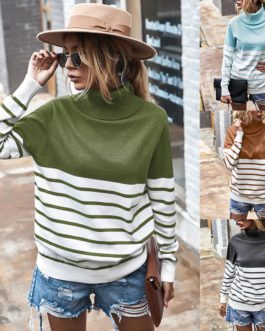 Casual Long Sleeve High Neck Striped Sweater