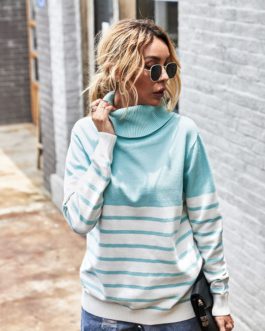 Casual Long Sleeve High Neck Striped Sweater