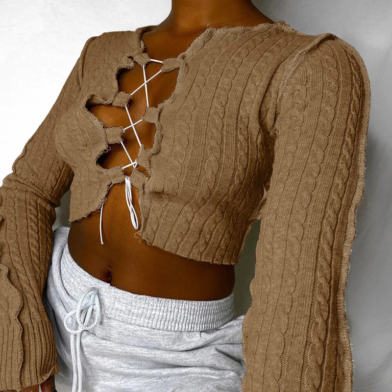 Casual Tie Up Solid Color Long Sleeve Crop Top - Power Day Sale
